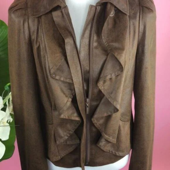 INC International Concepts Brown Ruffle Feminine Zip Up Jacket NWOT - Picture 5 of 8